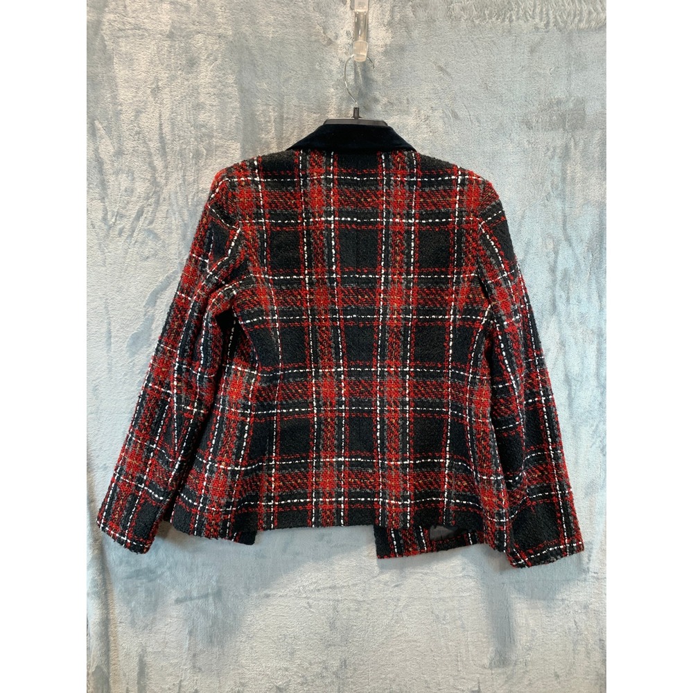 Kasper Women Fire Red Multi Plaid Tweed Blazer Velvet Collar Size 4 10917069-0NP